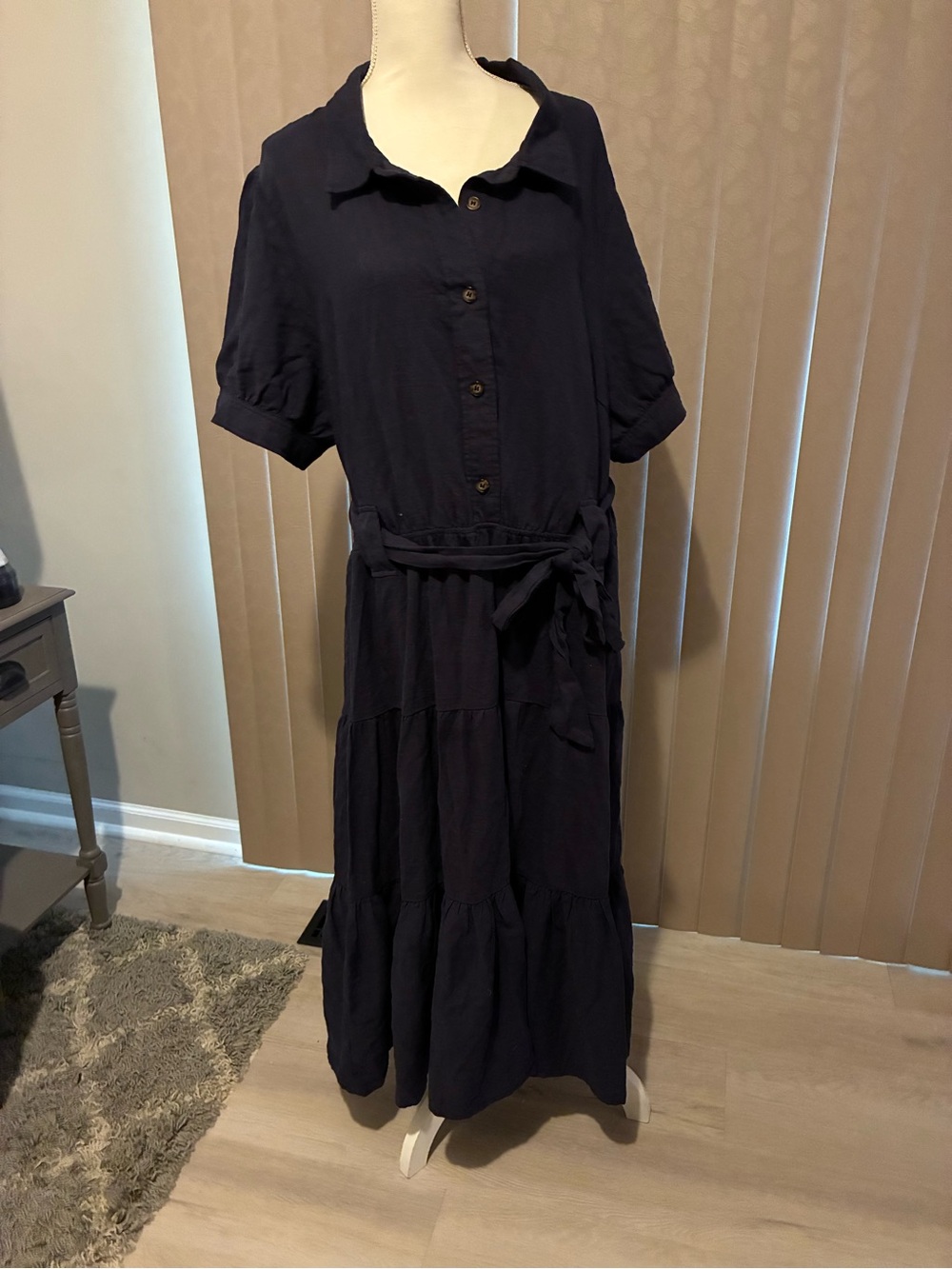 Kaileigh Navy Button-Front Tiered Maxi Dress with Tie Waist